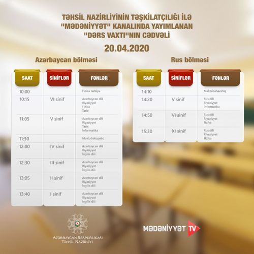 "Dərs vaxtı"nın sabahkı cədvəli açıqlanıb