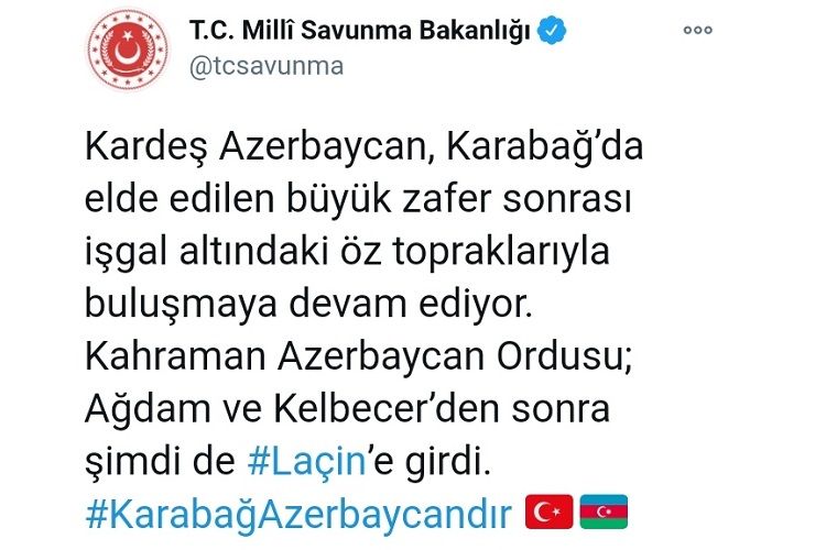 Türkiyənin Müdafiə Nazirliyindən Laçın paylaşımı