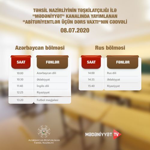 “Abituriyentlər üçün dərs vaxtı”nın sabaha olan CƏDVƏLİ