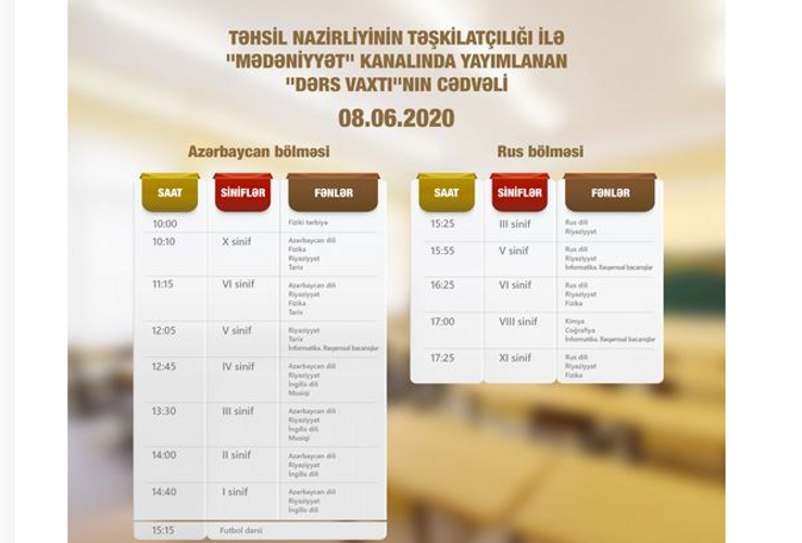 "Dərs vaxtı"nın iyunun 8-nə olan cədvəli açıqlandı