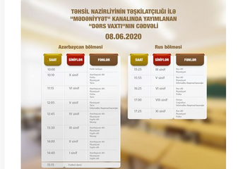 "Dərs vaxtı"nın iyunun 8-nə olan cədvəli açıqlandı