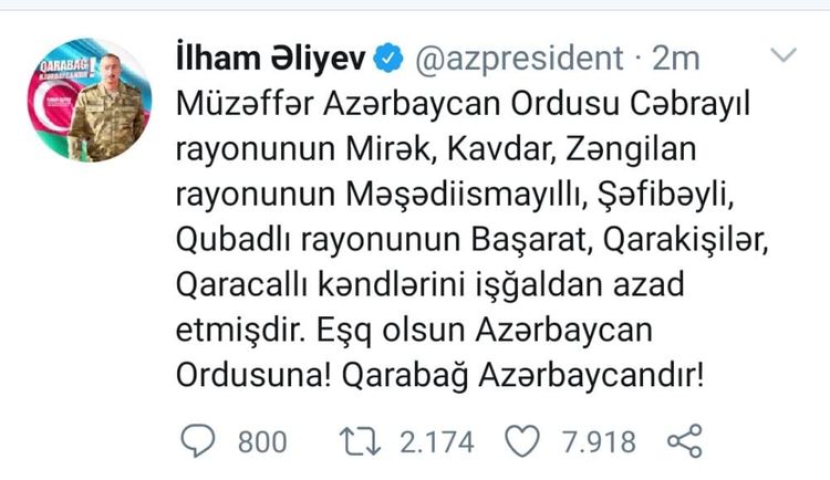 Daha 7 kəndimiz işğaldan qurtuldu - Ali Baş Komandan