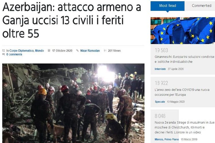 İtaliya mətbuatı Gəncəyə edilən raket hücumlarına geniş yer verdi