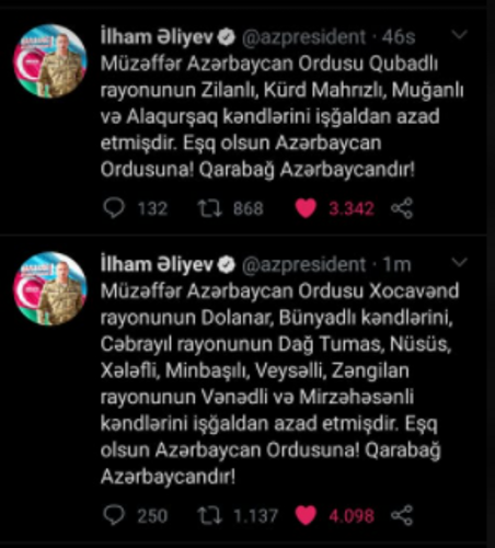 Qubadlı, Zəngilan və Cəbrayılın daha bir neçə kəndi işğaldan azad edilib - Prezident açıqladı