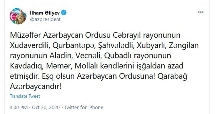 Daha bir neçə kəndimiz işğaldan azad olundu - Prezident