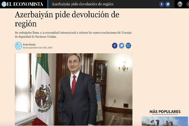 Meksikanın nüfuzlu “El Economista” qəzetində Ermənistan təcavüzündən bəhs olunub