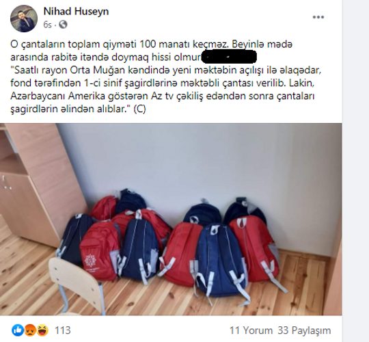 Saatlıda 1-ci siniflərə hədiyyə olunan çantalar GERİ ALINDI? - Rəsmi CAVAB