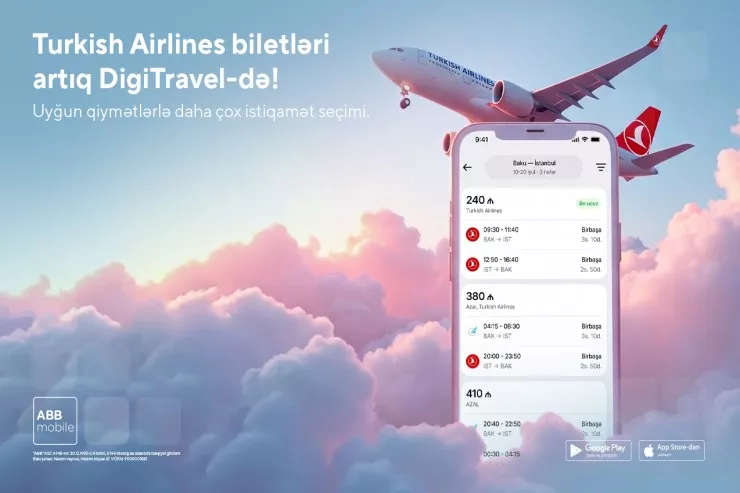 THY və digər hava yollarına biletlər də DigiTravel-lə ABB mobile tətbiqində