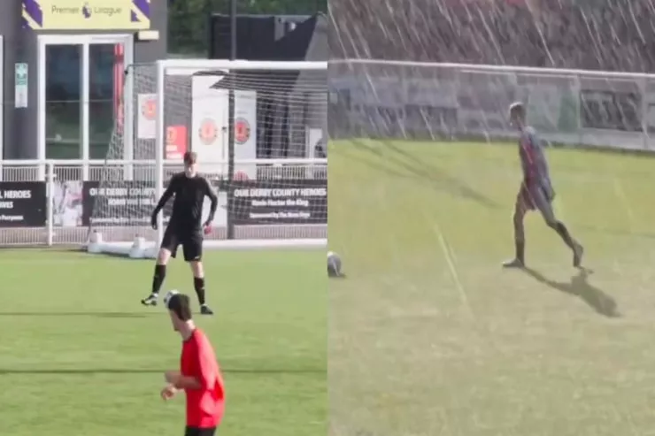 Futbol oyununda qeyri-adi  hadisə: Meydanın yarısına günəş çıxdı,  digər yarısına leysan yağdı  -  VİDEO 
