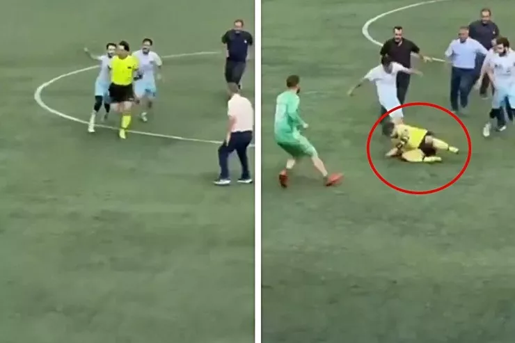 Futbolçular hakimi yerə yıxıb  vəhşicəsinə döydülər - VİDEO 